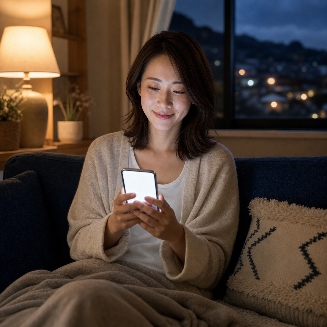 夜、自宅からスマホで手続き相談をする市民